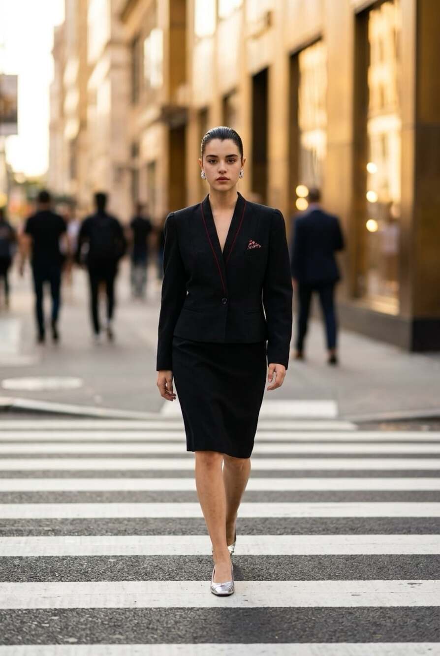 Vintage Gallery Black Skirt Suit with Red Piping and Pocket Square Accent Size 6